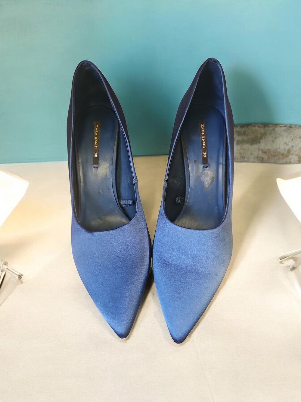 Zara Navy Pointed Toe Satin Pumps